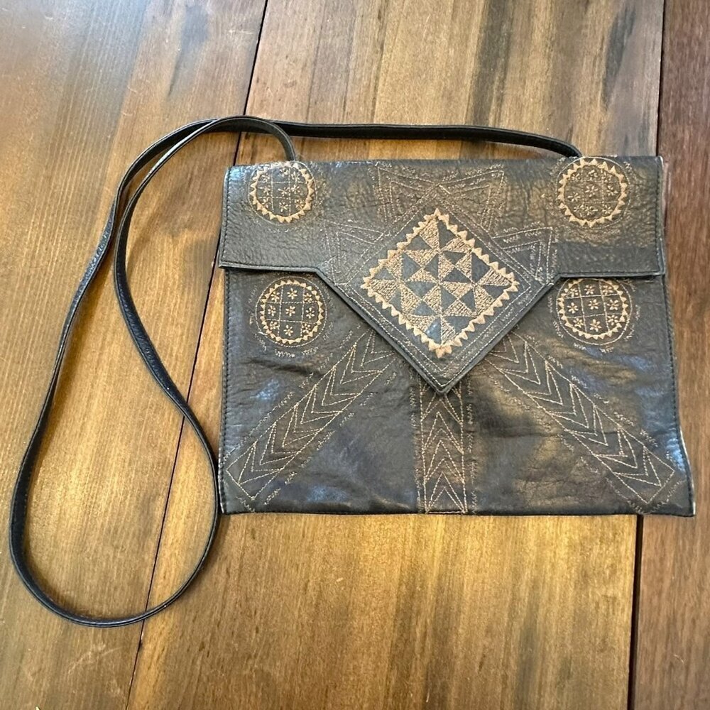 Vintage Chico's Embroidered Black Leather Reversible Crossbody Bag Boho Handbag